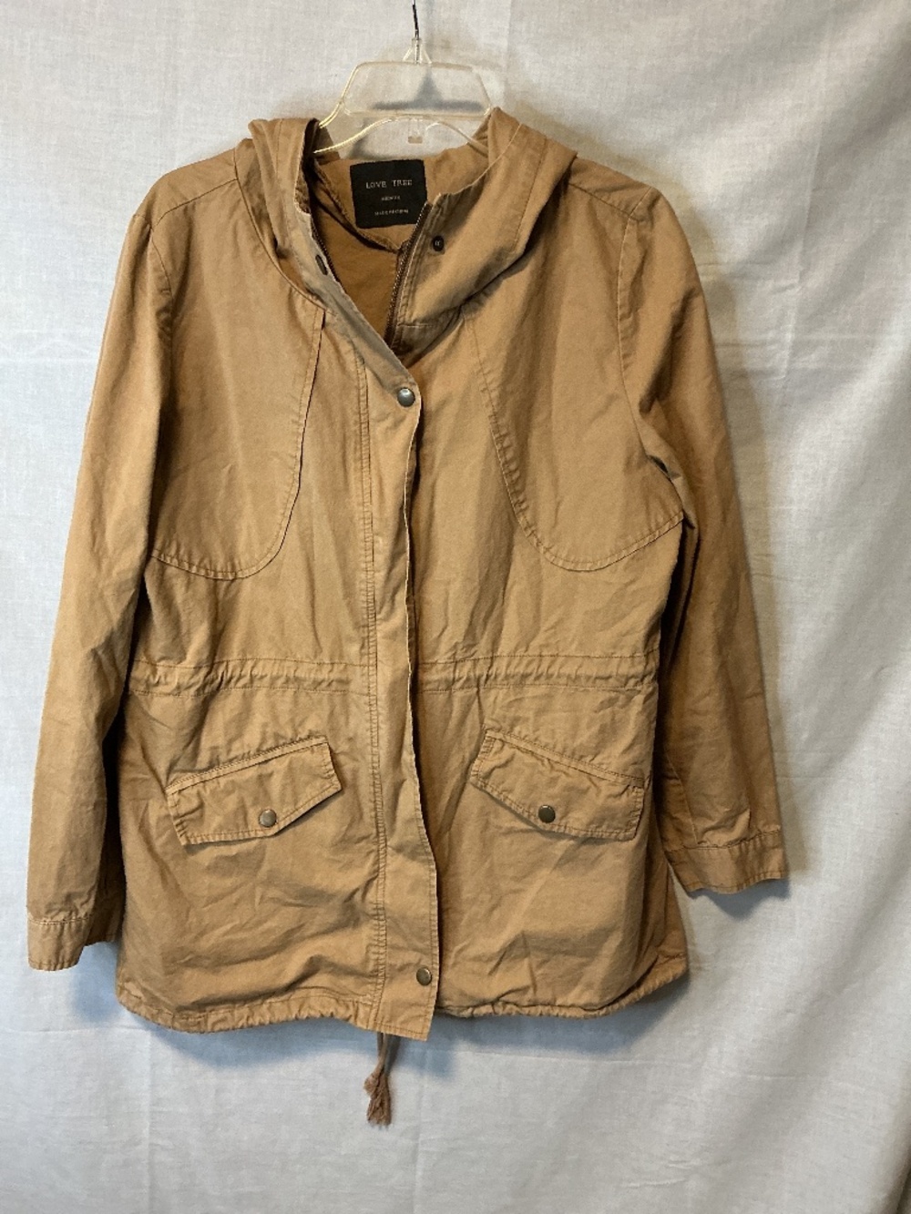 Love Tree Women’s Khaki Anorak Hooded Jacket Coat Zipper Snap Pockets Drawstring